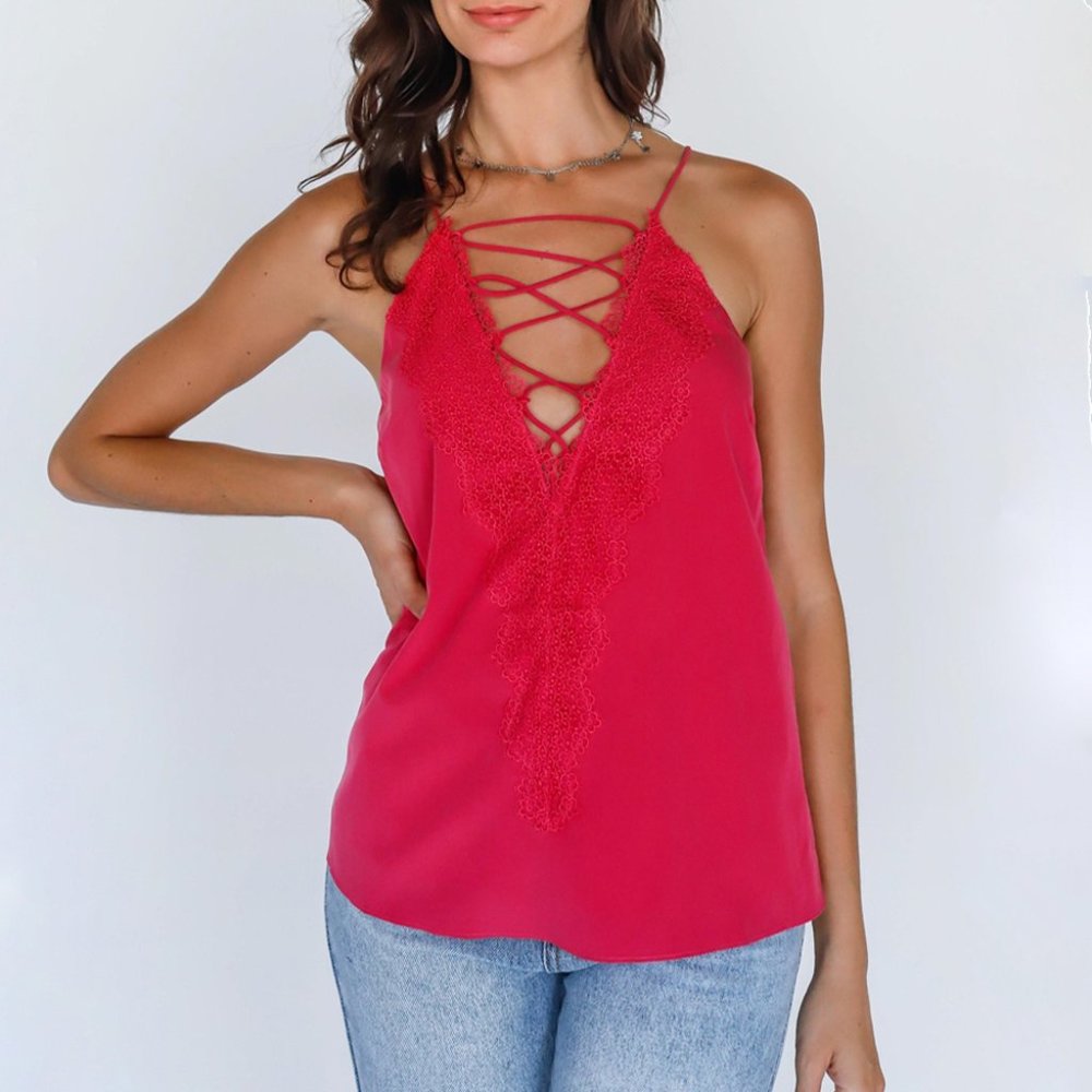 Berry Red V Neck Detail Sleeveless Top